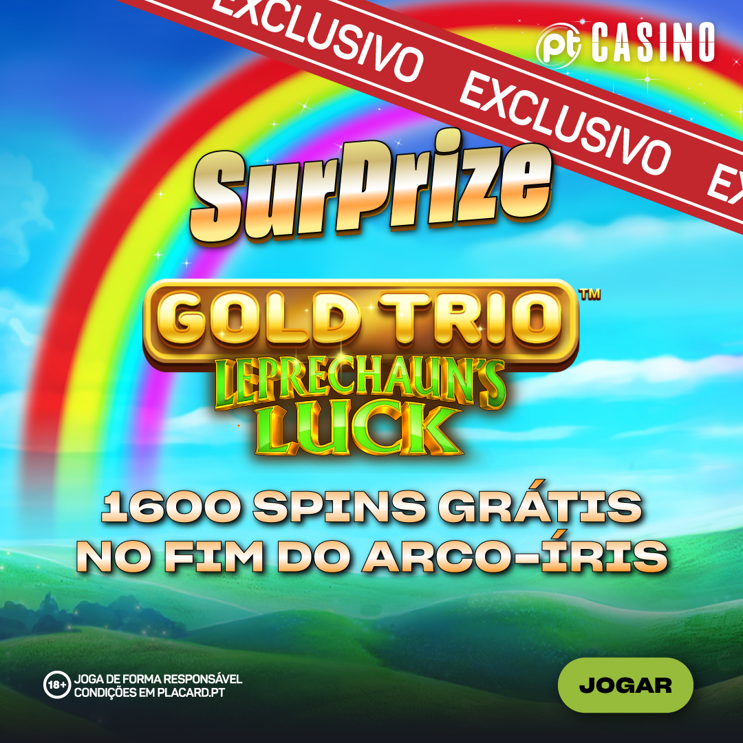 Promoção Placard SurPrize Gold Trio Leprechaun's Luck com 1600 spins grátis.